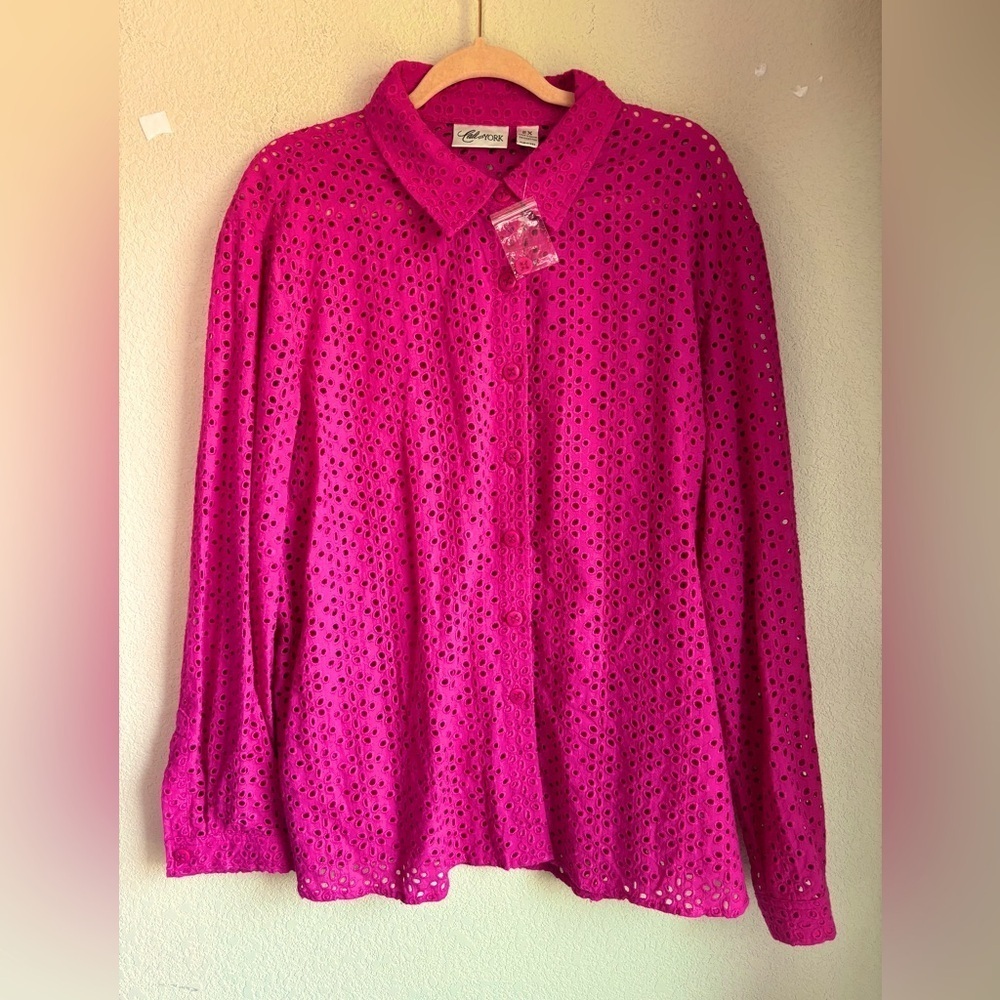 Cali & York Hot Pink Eyelet Crochet Long Sleeve Button Down Blouse 2X